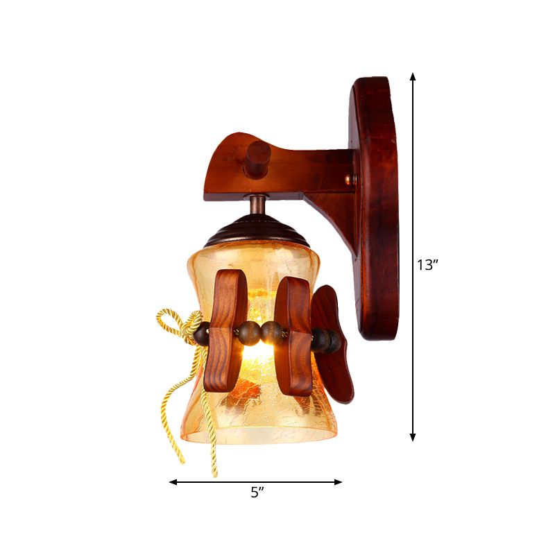 Brown 1 Bulb Wall Mount Light Rural Yellow Water Glass Flared Wall Sconce Lighting with Wood Backplate