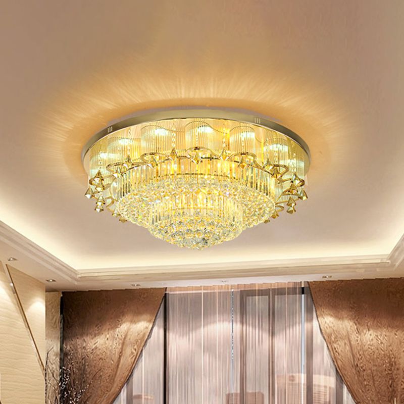 Gold LED Ceiling Flush Mount Contemporary Diamond Crystal Dual-Layered Flushmount Lighting