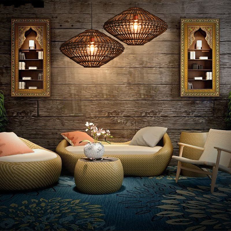 Rattan Disc Restaurant Hängende Lampe Asian Single Head Pendulum Licht in Braun