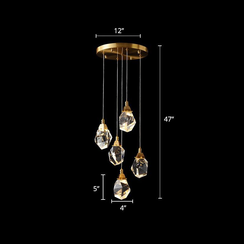 Crystal Gem Cluster Pendant Light Minimalistic Brass LED Pendulum Light for Staircase
