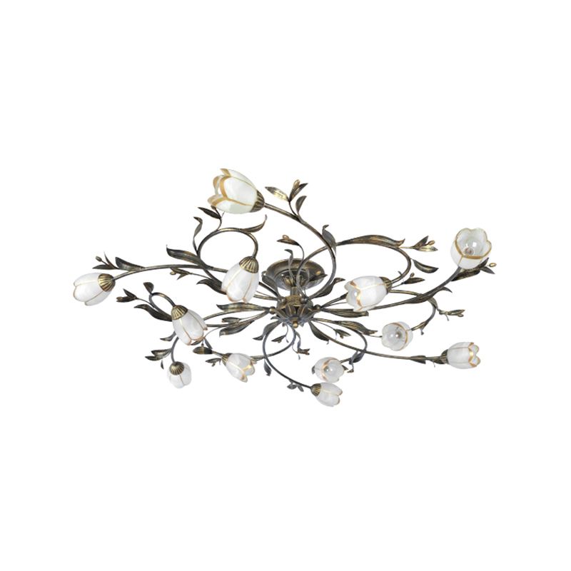 Flower Vine Bedroom Semi Flush Mount Rural Cream Glass 4/8/12-Light Antique Brass Ceiling Mounted Chandelier