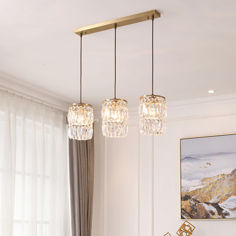 3-Lights K9 Crystal Drops Shade Island Light Brass Contemporary Style Kitchen Bar Hanging Lamp in Gold