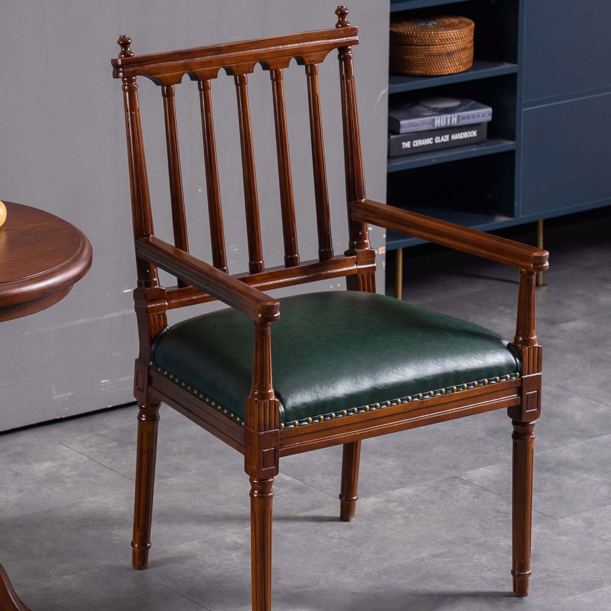 Traditional Study Room Leather Arm Chair Walnut Slat Back Dining Chair