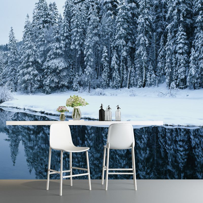 Lake Across Snow Forest Mural Green Modernist Wall Covering for Accent Wall, Custom Printed