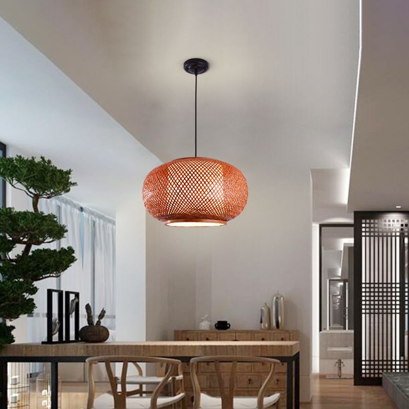 Curved Drum Suspension Pendant Asian Bamboo 1 Bulb Brown Hanging Light Kit, 16"/19.5"/23.5" Wide