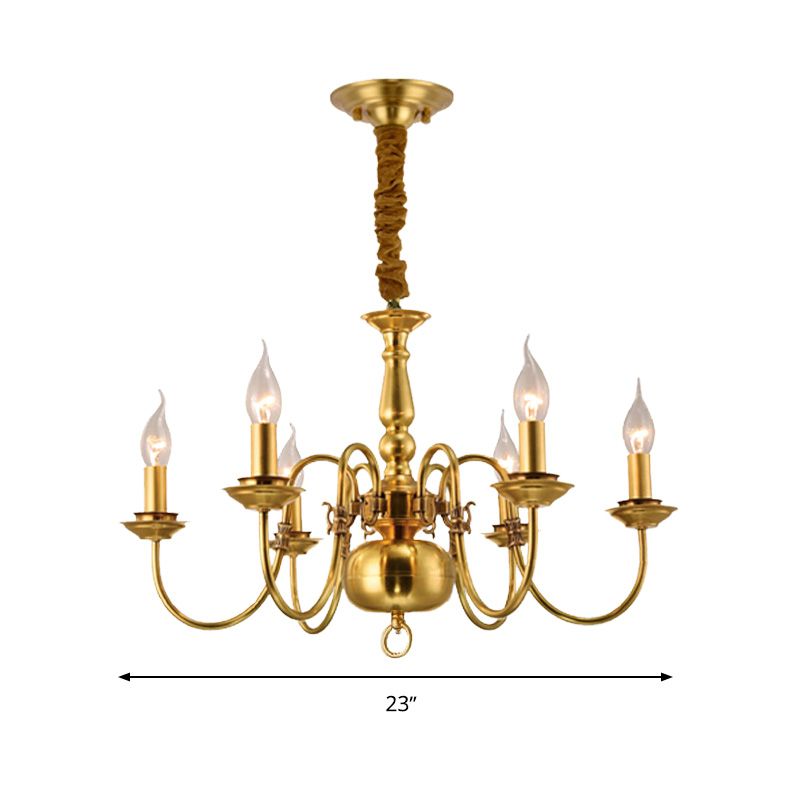 Colonialist Candle Hanging Pendant 6 Heads Metal Chandelier Lighting Fixture in Gold for Kitchen