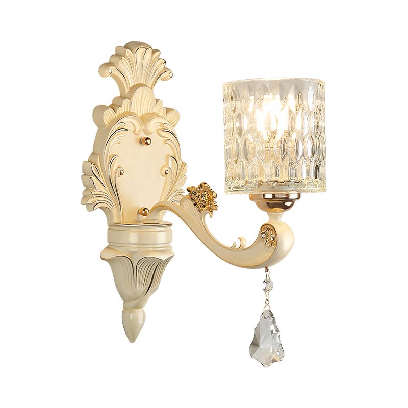 Honeycomb Pattern Glass Wall Light with Clear Cylinder Shade Vintage 1/2 Lights Wall Mount Lamp in Beige