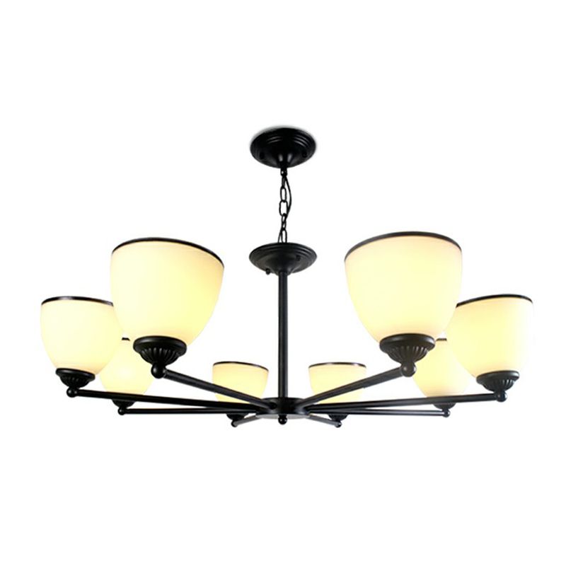 Metallic Radial Semi Flush Mount Light Retro Schlafzimmer Deckenmontage Kronleuchter mit Bellcremeglas Schatten in Schwarz