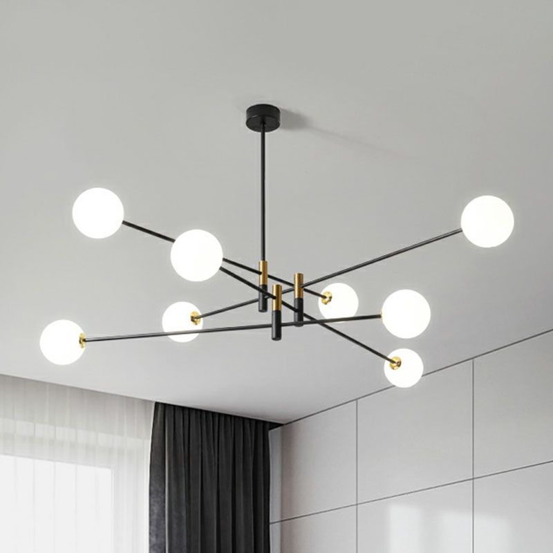 Radial Living Room Hanging Light Opaline Ball Glass Simplicity Chandelier in Black