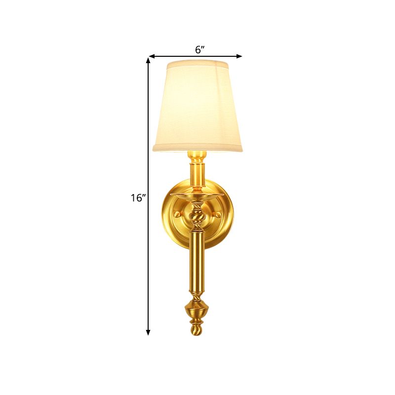 Tapered Bedroom Wall Lighting Country Fabric Single Light Brass Wall Mounted Lamp with Metallic Straight Arm