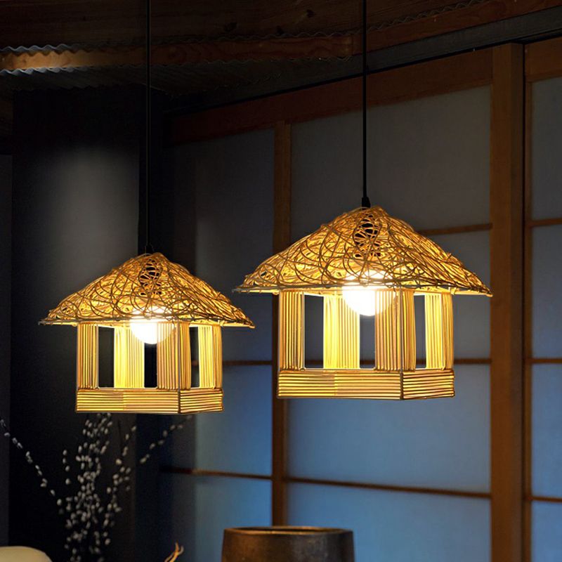 House Shaped Drop Pendant Asian Bamboo 1-Light Restaurant Hanging Light in Beige