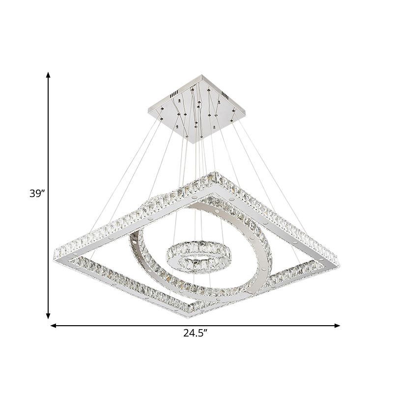 LED Living Room Ceiling Lamp Simple Stainless-Steel Chandelier with Round and Square Crystal Shade in Warm/White Light