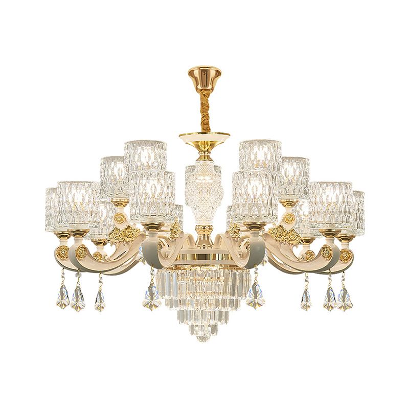 Cylindre Ripple Glass Chandelier Pendant Light Vintage Salon Hanging Light With Crystal Draping in White
