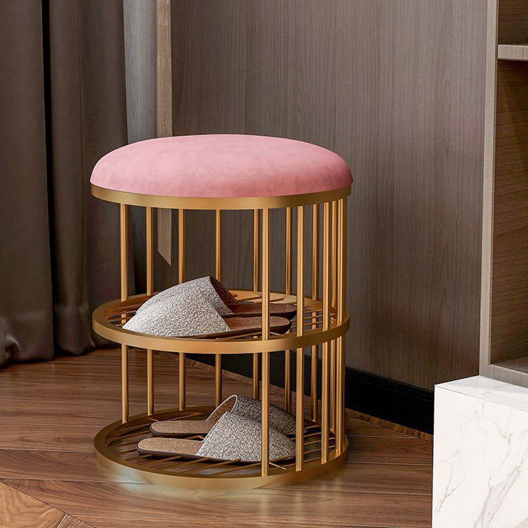 Industrial Cylinder Shape Ottoman Plain Velvet Metal Frame Shelved Storage Pouf