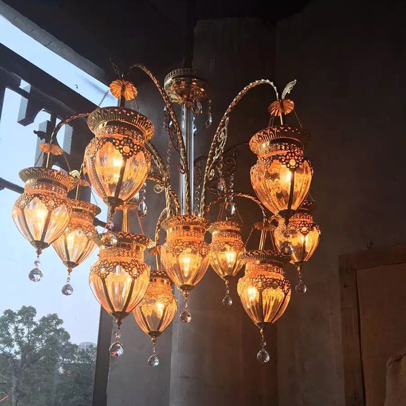 Gold Urn Ceiling Chandelier Art Deco Tan Prismatic Glass 10 Heads Living Room Suspension Pendant with Crystal Accent