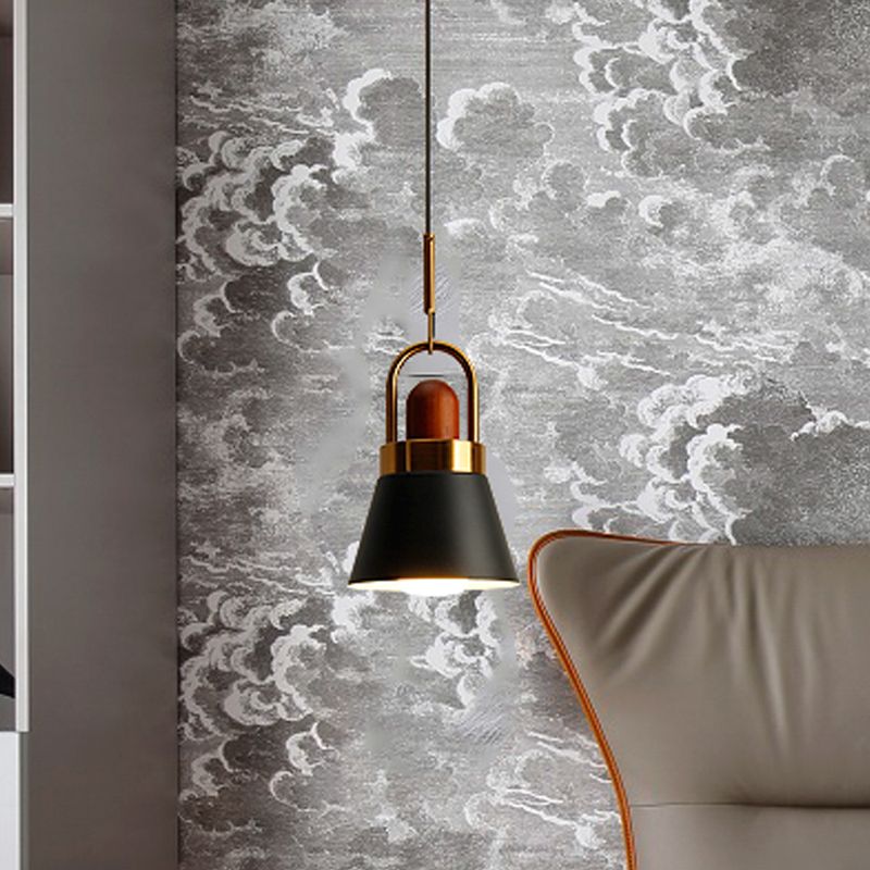 Taps toelopende schaduw bedming op hangende lamp metalen enkele macaron hanglamp in grijs/wit/roze met handvat en houtkurk