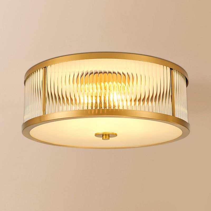 Brass Drum Flush Mount Light Traditional Style Glass Ceiling Light for Bedroom Living Room