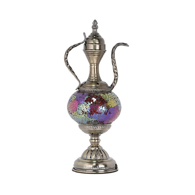 Vintage Teapot Shaped Night Table Lamp 1 Bulb Pink/Purple/Blue and Purple Stained Glass Nightstand Light for Bedroom
