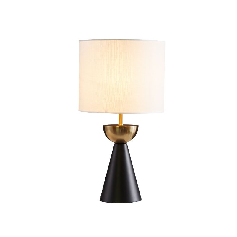 Cylinder Fabric Night Table Light Modern 1 Bulb White/Flaxen Nightstand Lamp with Black Cone Base