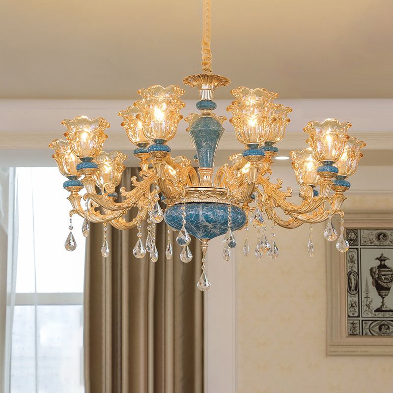 Ruffled Edge Living Room Chandelier Light Retro Handblown Glass Gold Pendant Light Fixture with Crystal Draping