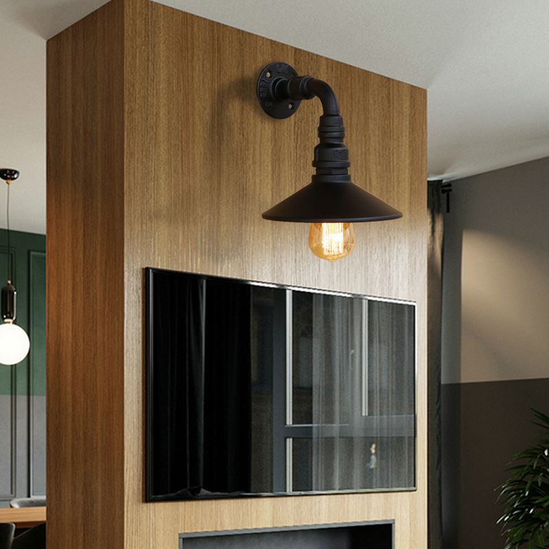 Metal Antique Brass/Black Wall Sconce Light Conic Shade 1 Light Steampunk Wall Lighting with Curved Pipe