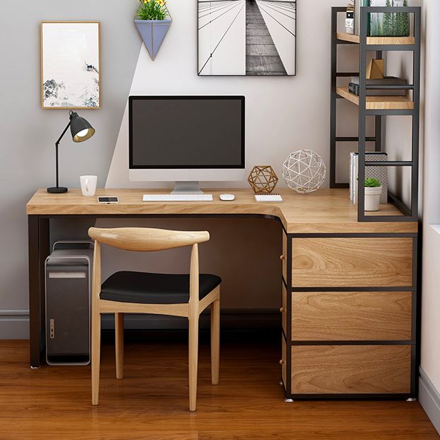 Corner Pine Wood Writing Desk Contemporary H-Shape Base Desk with Shelf
