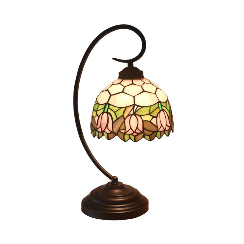 Bronze Curvy Night Light Baroque 1 Head Metal Red/Pink Rose/Tulip Patterned Desk Lighting with Bowl Cut Glass Shade