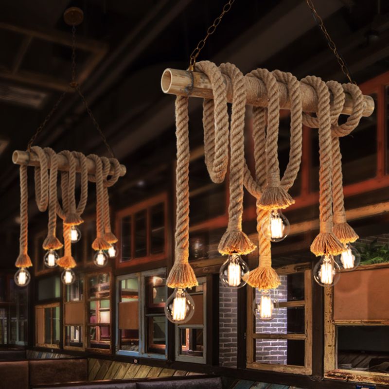 Industrial Dangling Pendant Light Hemp Rope Hanging Island Light with Bamboo Tube in Flaxen
