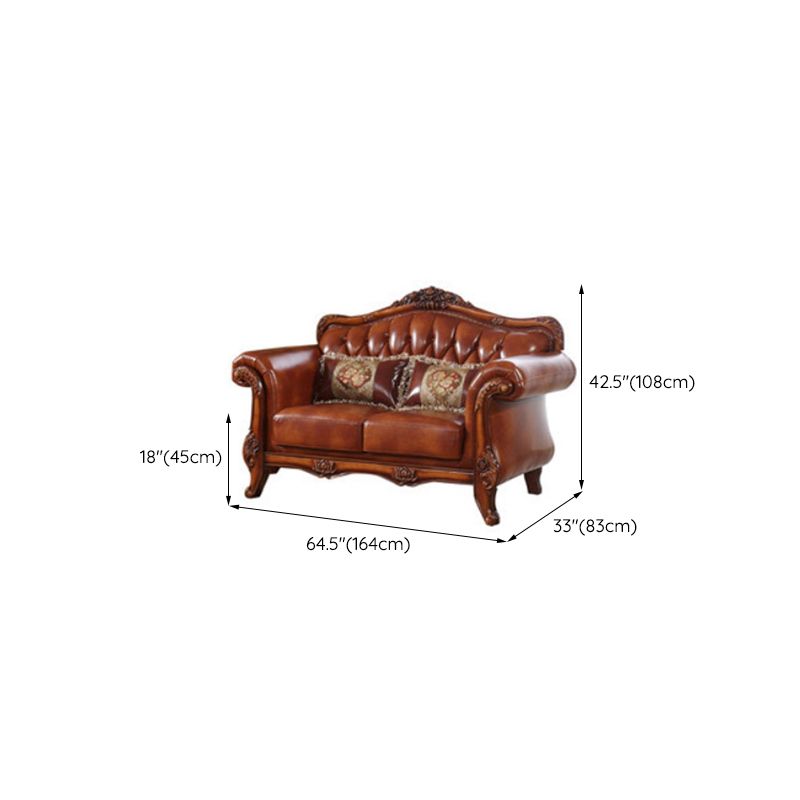 Genuine Leather Tufted Back Sofa Leather Round Arm Sofa in Brown
