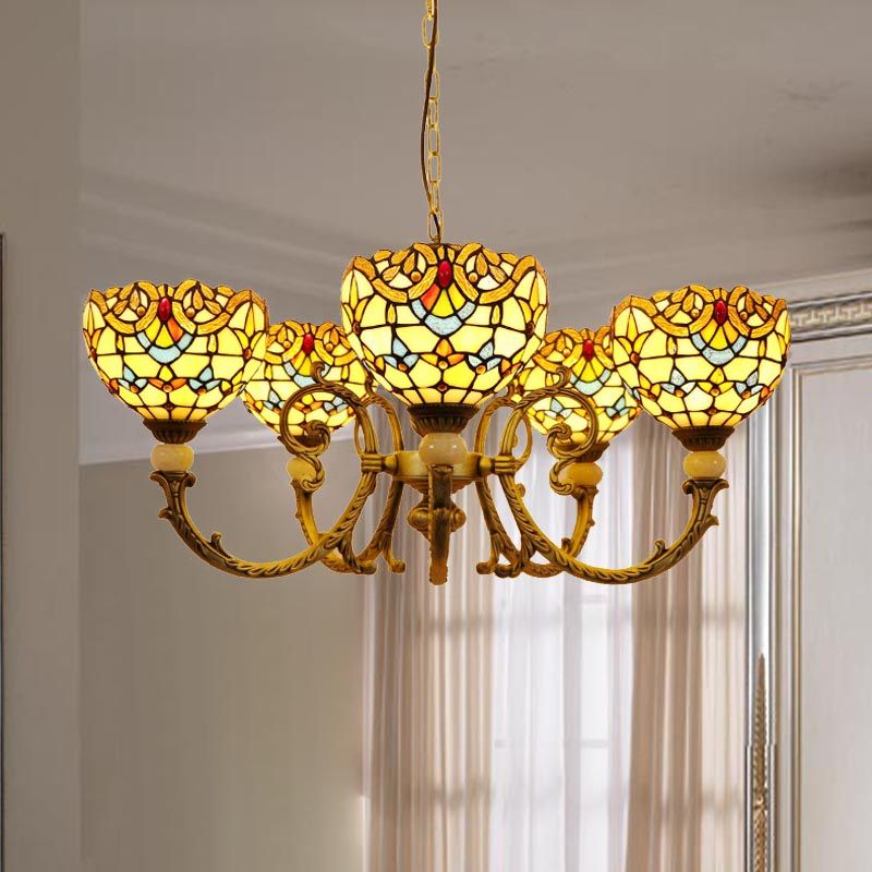 Méditerranéen Dome Chandelier Éclairage 5 lumières Pendre de chute de vitraux en orange / bleu pour le salon