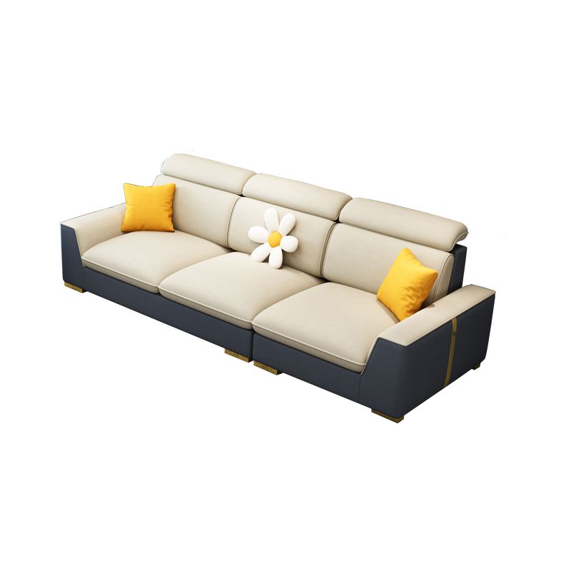 Nordic Grey and Beige Sofa Faux Leather Square Sewn Pillow Back Sofa
