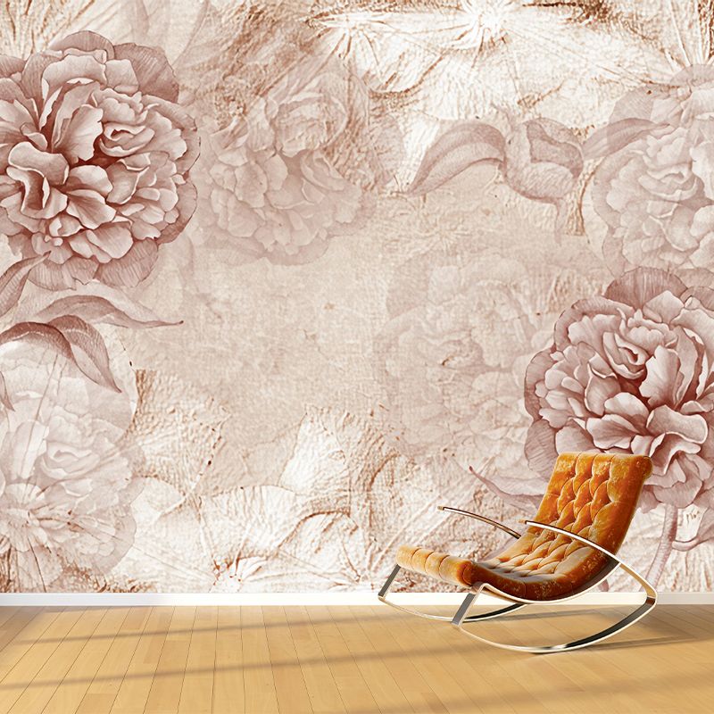 Big Peony Blossom Wall Mural Moisture Resistant Trendy Living Room Wall Covering in Light Pink