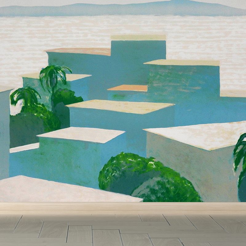 Non-Woven Fancy Mural Modern Aesthetics Riverside Building and Hill Wall Covering