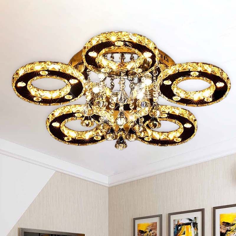 Ring Semi Flush Light Contemporary K9 Crystal Chrome 23.5"/28"/33.5" Wide LED Ceiling Lamp, Warm/White/2 Color Light