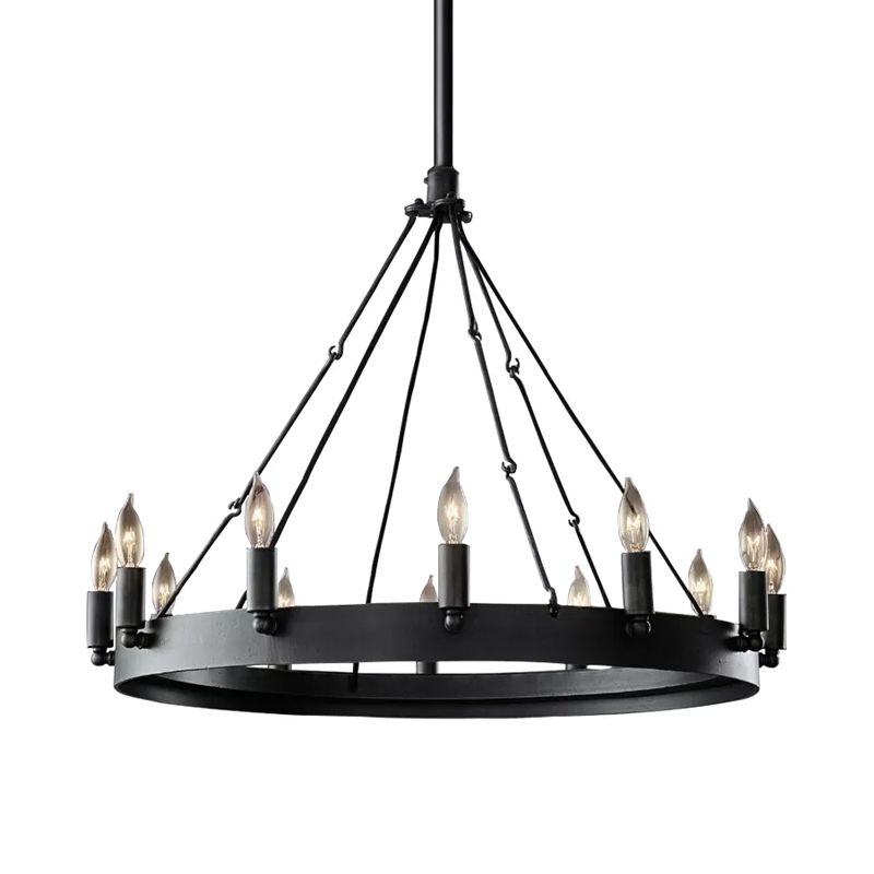 12/18 Light Round Hanging Chandelier Traditional Black Metal Pendant Light avec conception de bougies