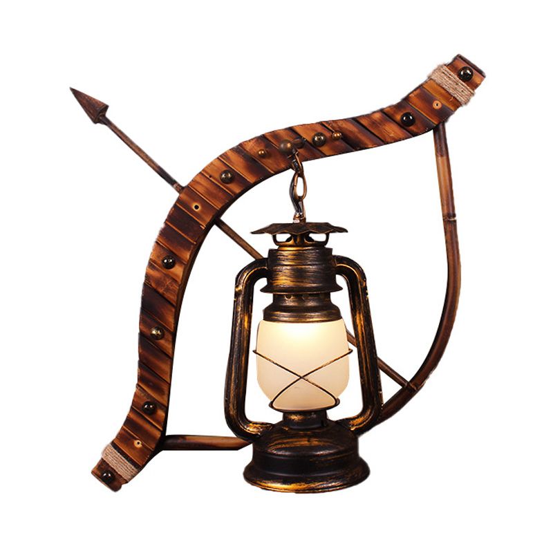 Vintage Lantern Wall Lamp 1 Light Opal Glass Sconce Light Fixture in Bronze with Wood Bow and Arrow Deco