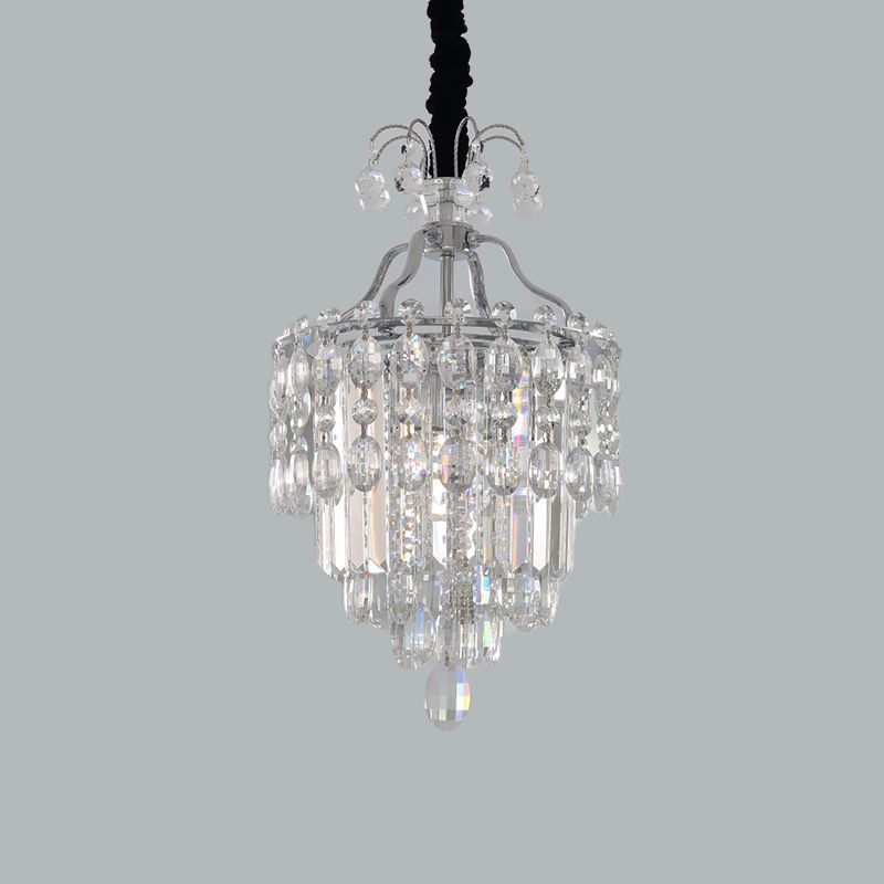 Faceted Cut Crystal Chrome Hanging Lamp Layered 3 Bulbs Modern Chandelier Pendant Light