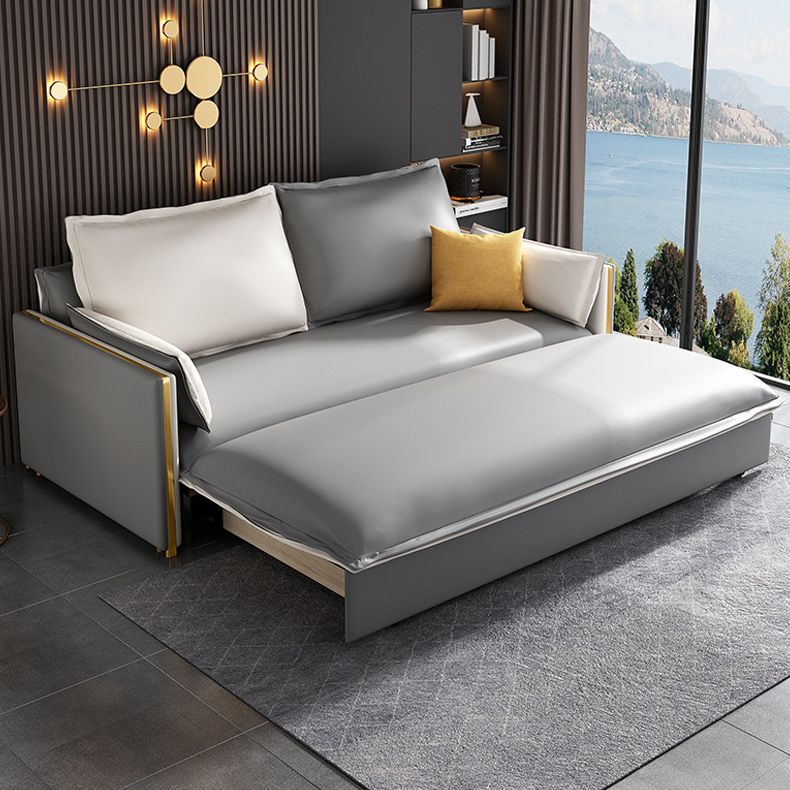 Modern Square Arm Sofa Bed Gray Faux Leather Sofa with Storage