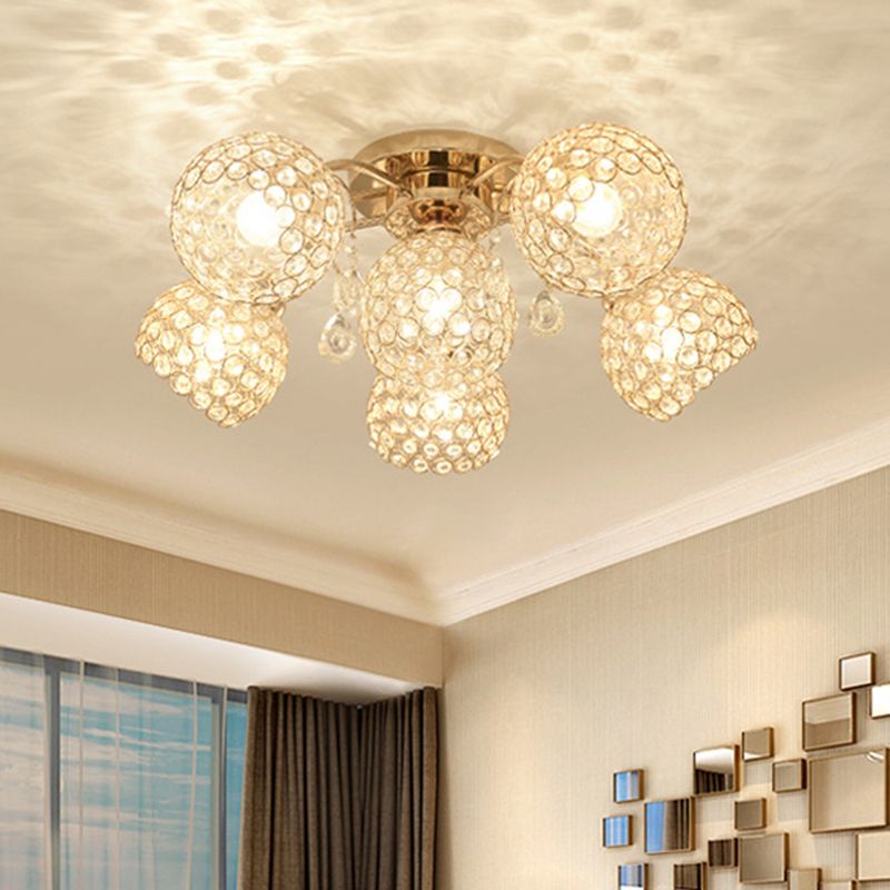 6/9 Heads Semi-Flush Mount Light Minimalist Ceiling Mounted Fixture with Sphere Crystal Embedded Shade in Gold