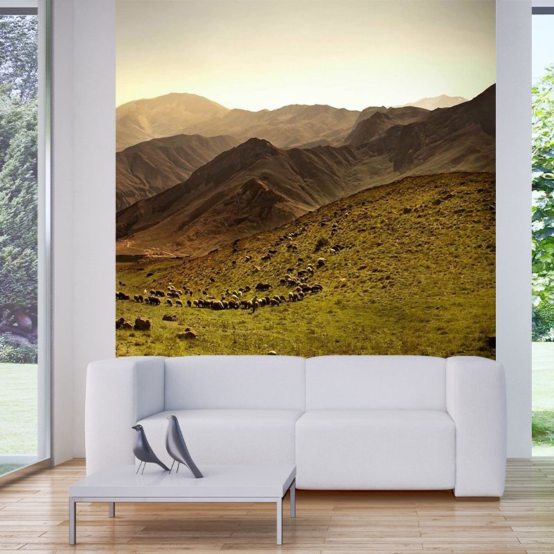 Non-Woven Stain Resistant Mural Modern Herd of Sheep in the Mountains Wall Art in Brown