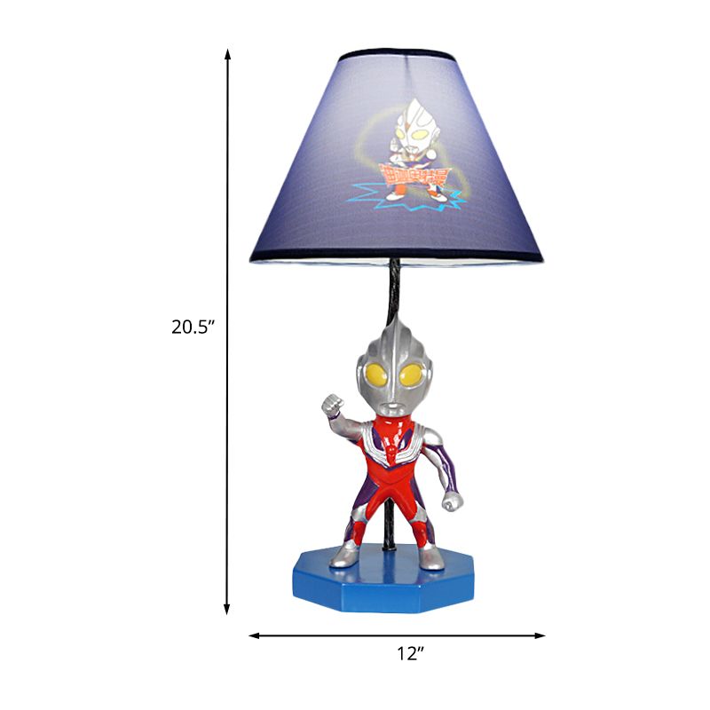 Lampada da tavolo blu a botte/trapezio per bambini, illuminazione da comodino in tessuto a 1 testa con decorazione Ultraman