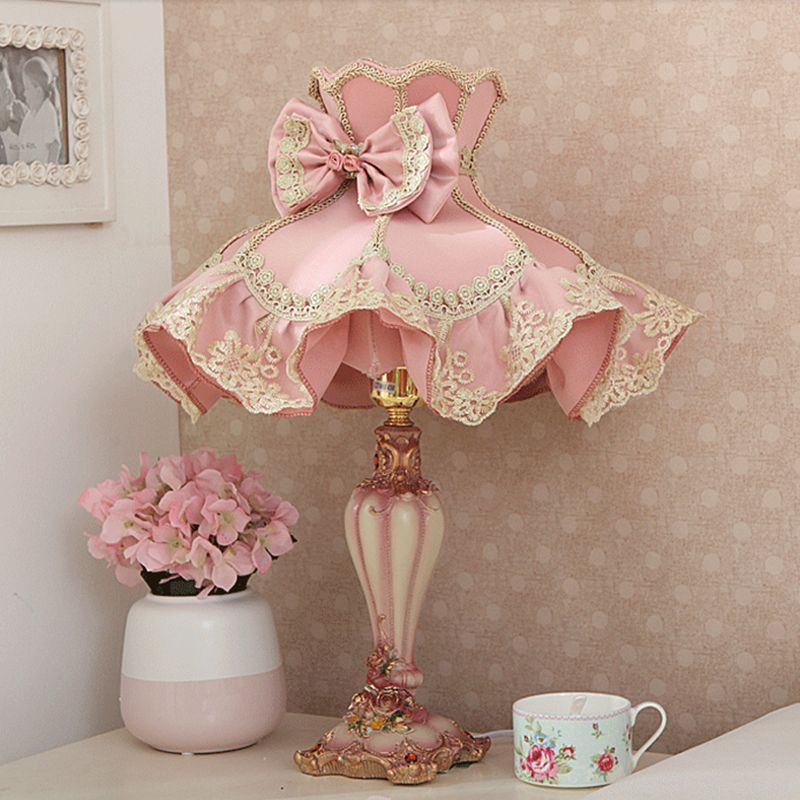 Pink Court Dress Nightstand Lamp Kids 1 Bulb Fabric Table Lighting with Lace Frill