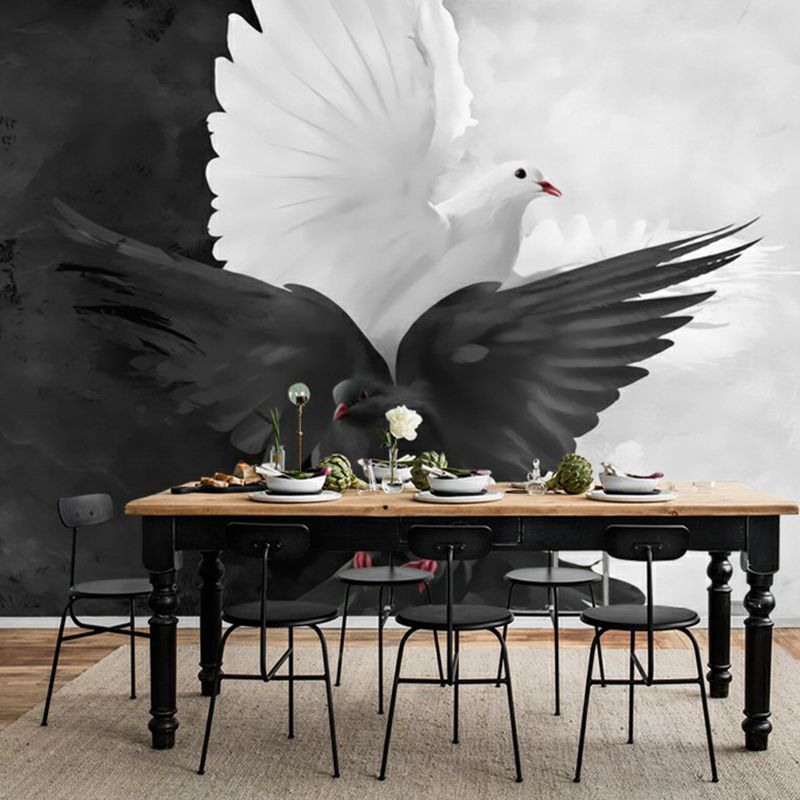 Illustration Pigeon Murals Wallpaper for Dining Room Decoration, Black and White, Custom Made