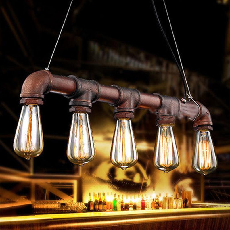 Elongated Pipe Hanging Island Lights Retro Industrial Style Metal Chandelier Lighting Fixtures for Coffee Shop