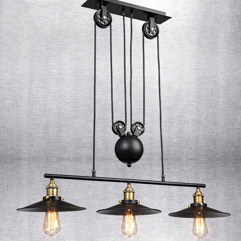 3 Lights Metal Pulley Island Pendant Lighting Industrial Black Cone Shade Island Lamps