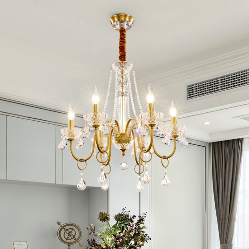 Gouden wervelde arm hanger kroonluchter kroonluchter eenvoudige 6-bulb metalen hangende lamp met kristaldruppel