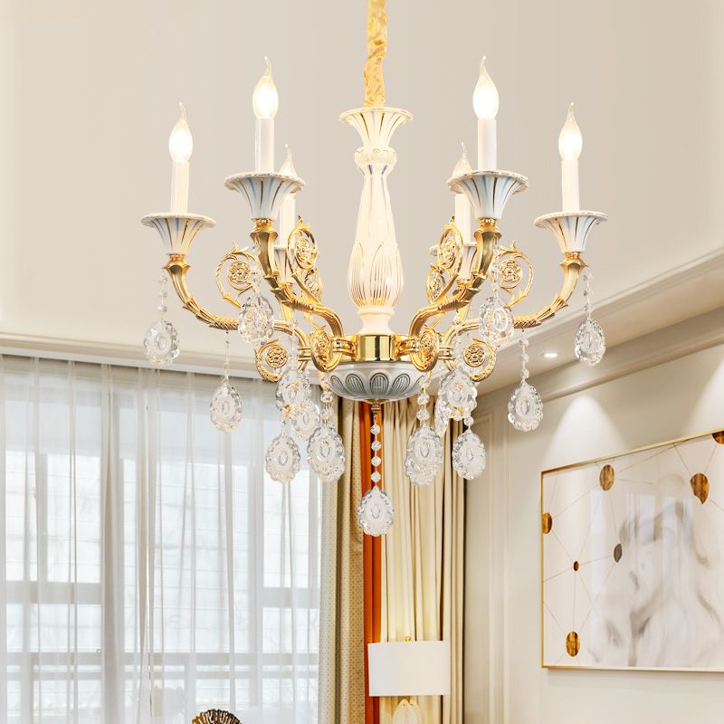 Gold Candle Chandelier Lamp Traditional Crystal 6 Heads Bedroom Ceiling Light with Ceramic Pillar and Carved Arm