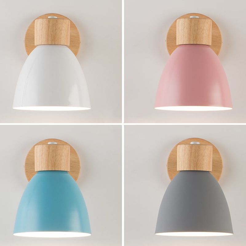 Noordse macaroon-stijl houten wand sconce multi-kleuren optionele klokschaduw wandlamp met verstelbare arm