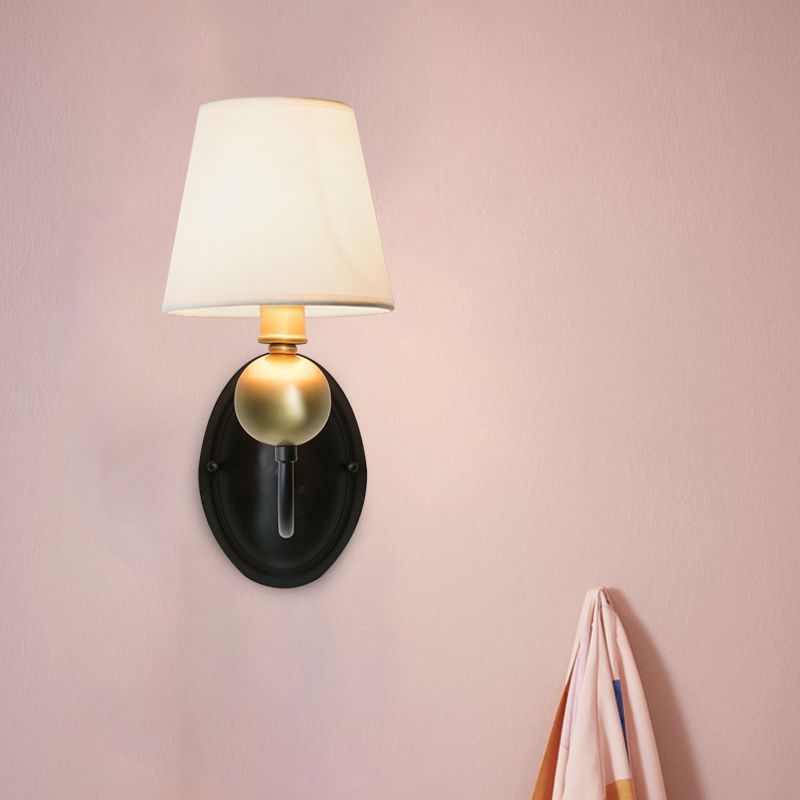 Tapered Fabric Wall Sconce Light Rural 1/2-Bulb Bedroom Wall Mount Lighting in White/Beige with Swooping Arm