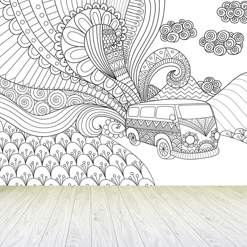 Full Size Cartoon Wallpaper Mural Black and White Hand Print Landscape Wall Covering, Custom Made